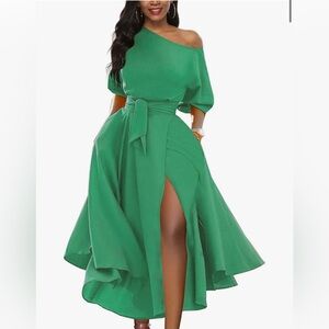 Elegant Off Shoulder Short Sleeve Side Slit Cocktail Swing Dress with Pockets
